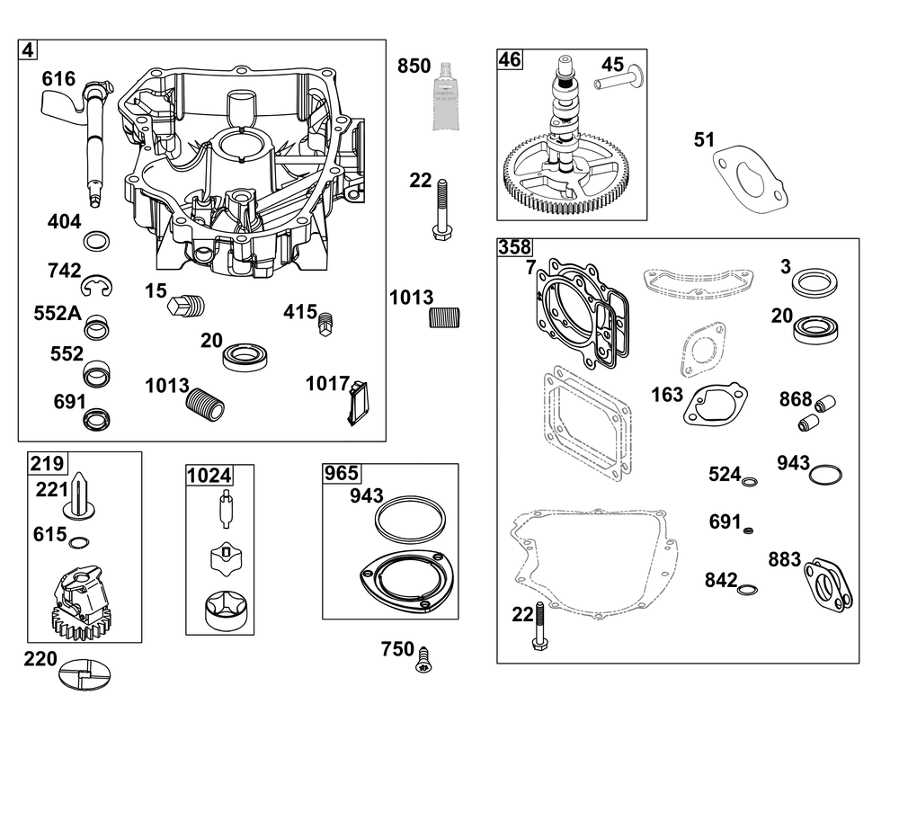 Crankcase Cover/Sump Group Diagram and Parts List for 44N677-0076-G1 400000 - 699999 Briggs and Stratton Engine